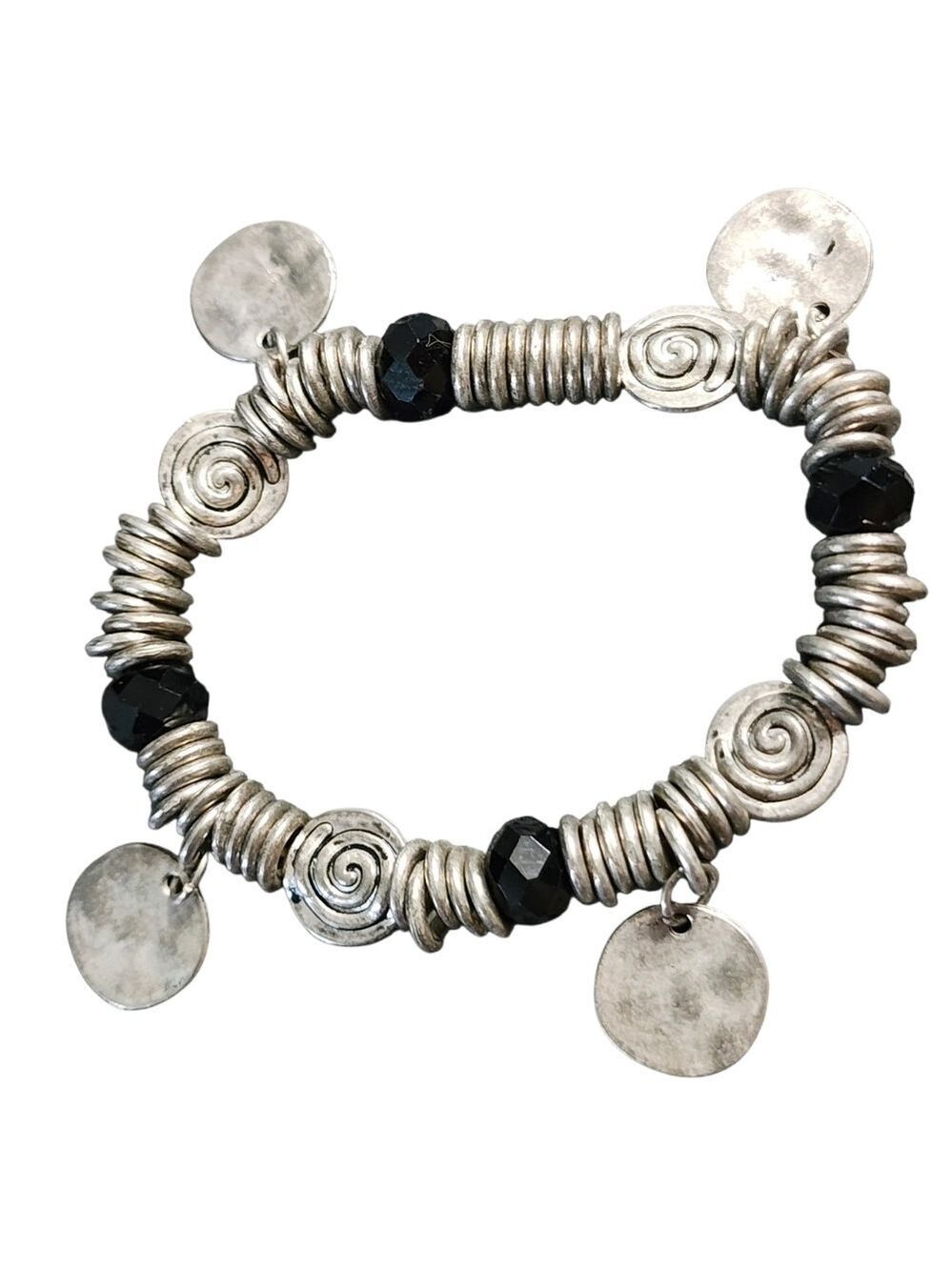 Antique Silver Spiral Hammered Charm Stretch Bracelet with Black Crystal Beads